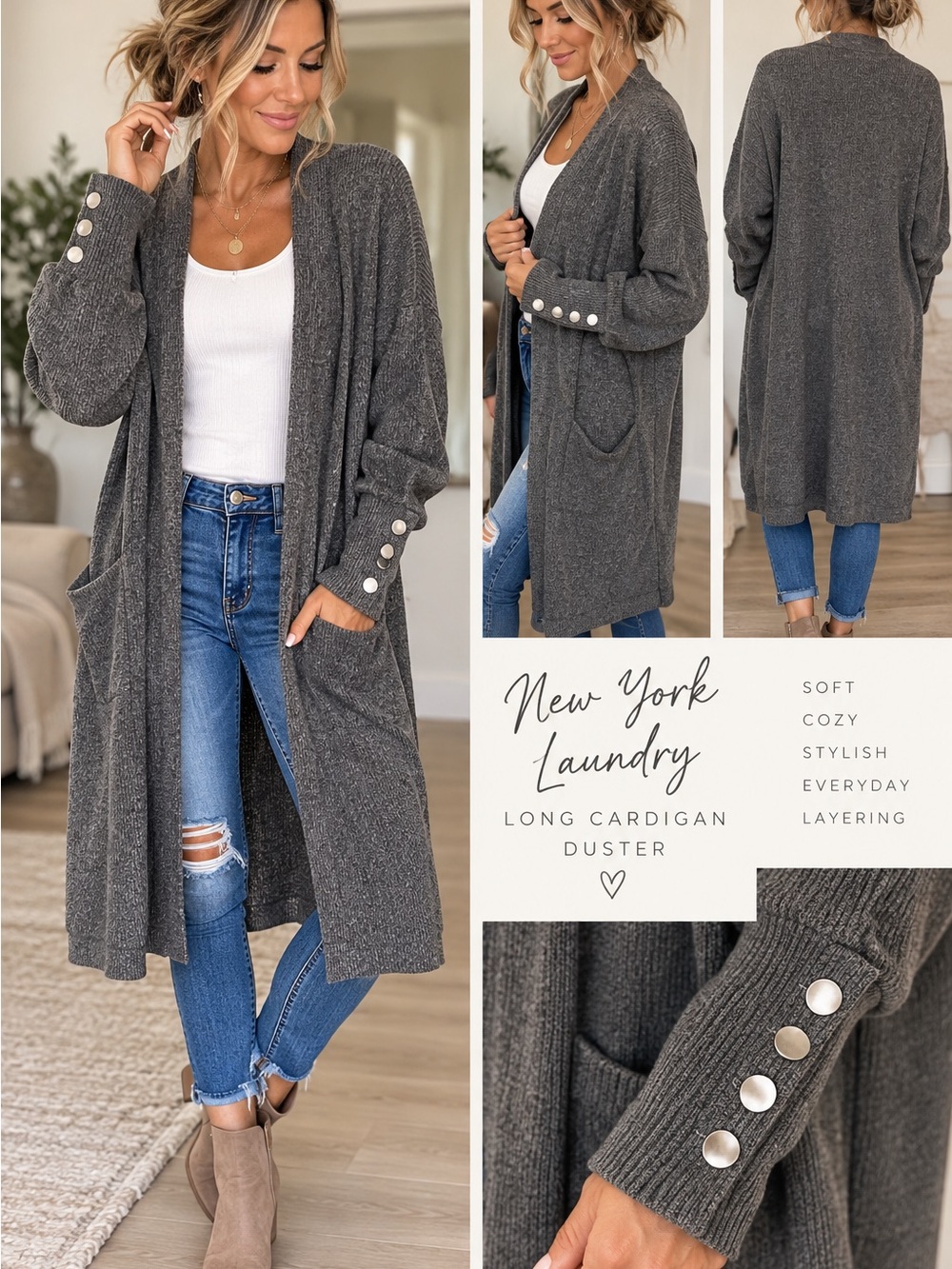 New York Laundry Dark Gray Long Button-Cuff Cardigan